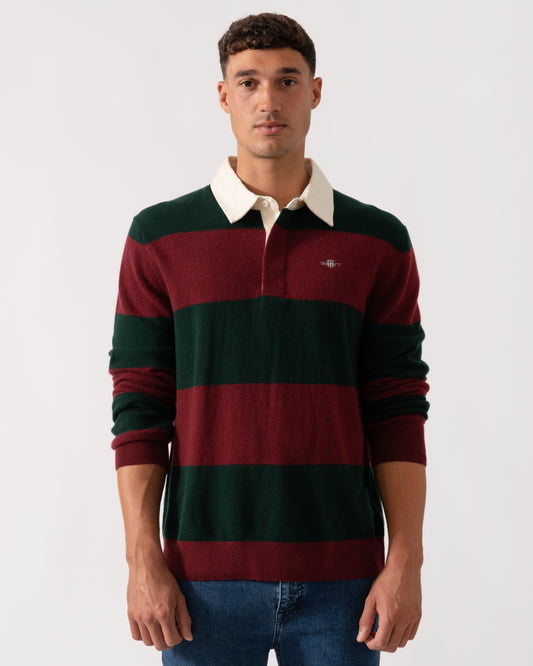 GANT Mens Extrafine Lambswool Striped Long Sleeve Polo - 374 Tartan Green