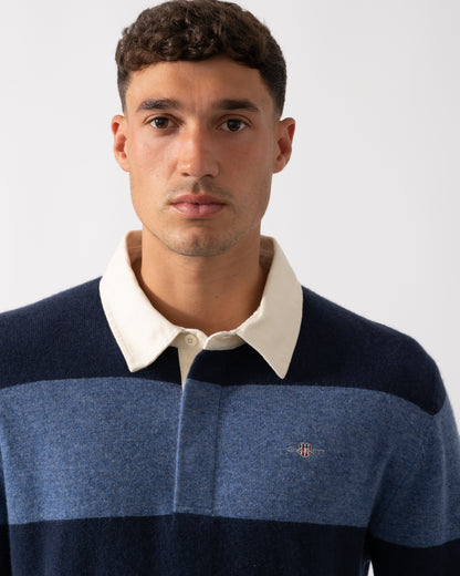 GANT Mens Extrafine Lambswool Striped Long Sleeve Polo - 410 Marine
