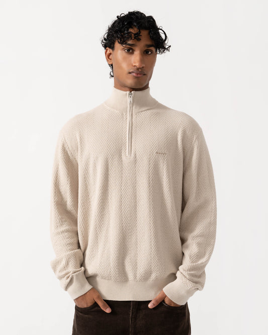 Front of the GANT Mens Herringbone Texture Half Zip Sweater - 215 Clay Beige