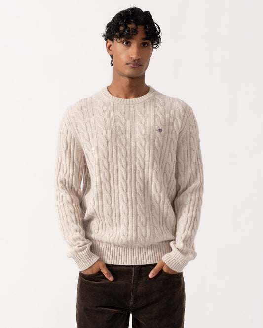 Front of the GANT Mens Lambswool Cable Crew Neck Sweater - 215 Clay Beige