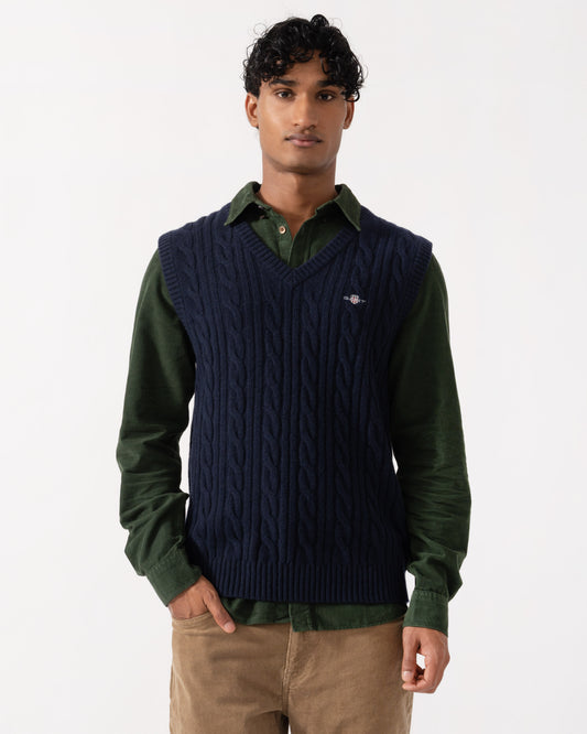 Front of the GANT Mens Lambswool Cable Knit Tank Top - 433 Evening Blue
