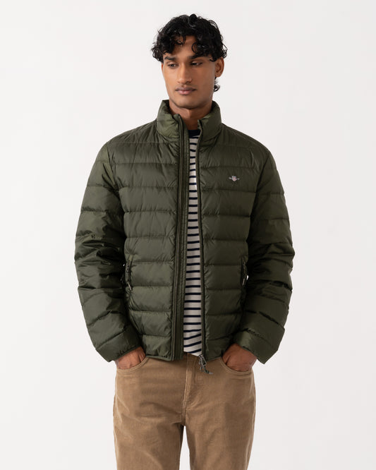 Front of the GANT Mens Light Down Jacket - 368 Dark Moss Green