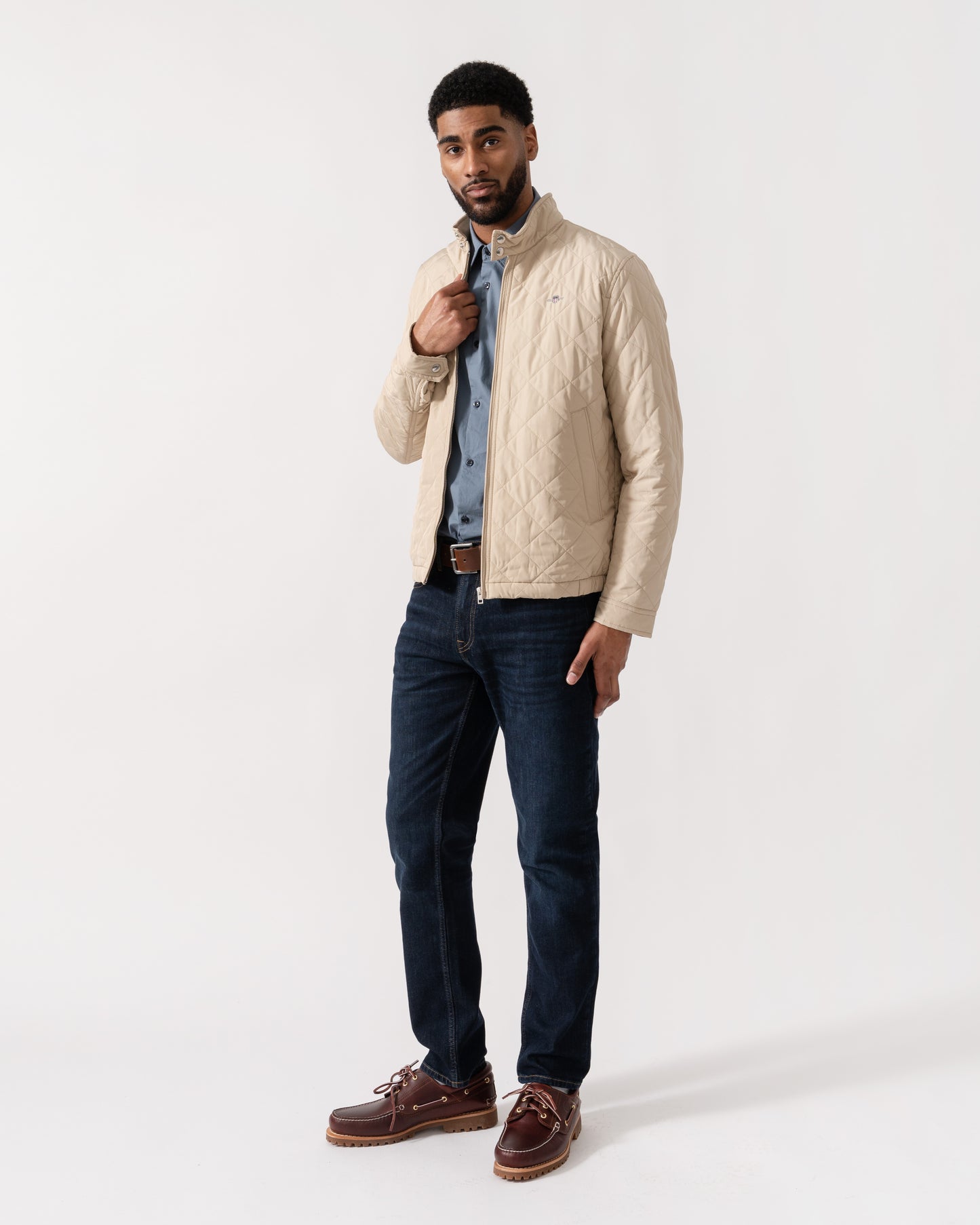 Model wearing GANT Mens Quilted Windcheater Jacket in 200 Oat Beige - full length
