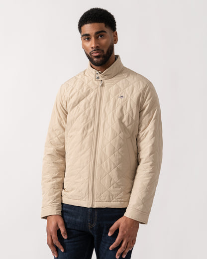 Model wearing GANT Mens Quilted Windcheater Jacket in 200 Oat Beige - closed jacket
