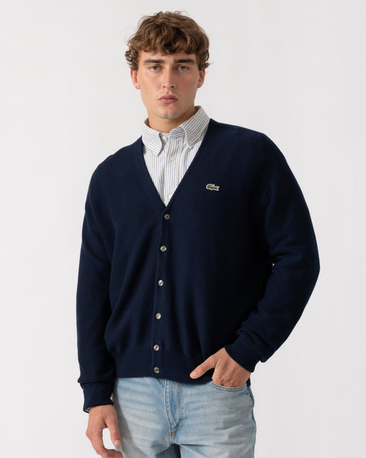 Front of Lacoste Mens V-Neck Cotton Knit Cardigan - Blue Marine 166