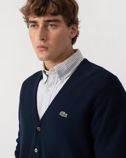 Close up of Lacoste Mens V-Neck Cotton Knit Cardigan - Blue Marine 166