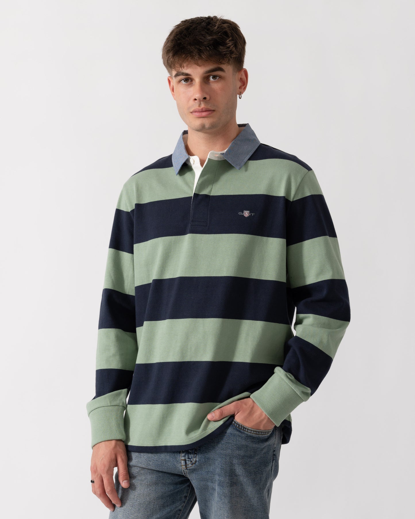 GANT Mens Regular Fit Chambray Stripe Heavy Rugger - 308 Surplus Mint front