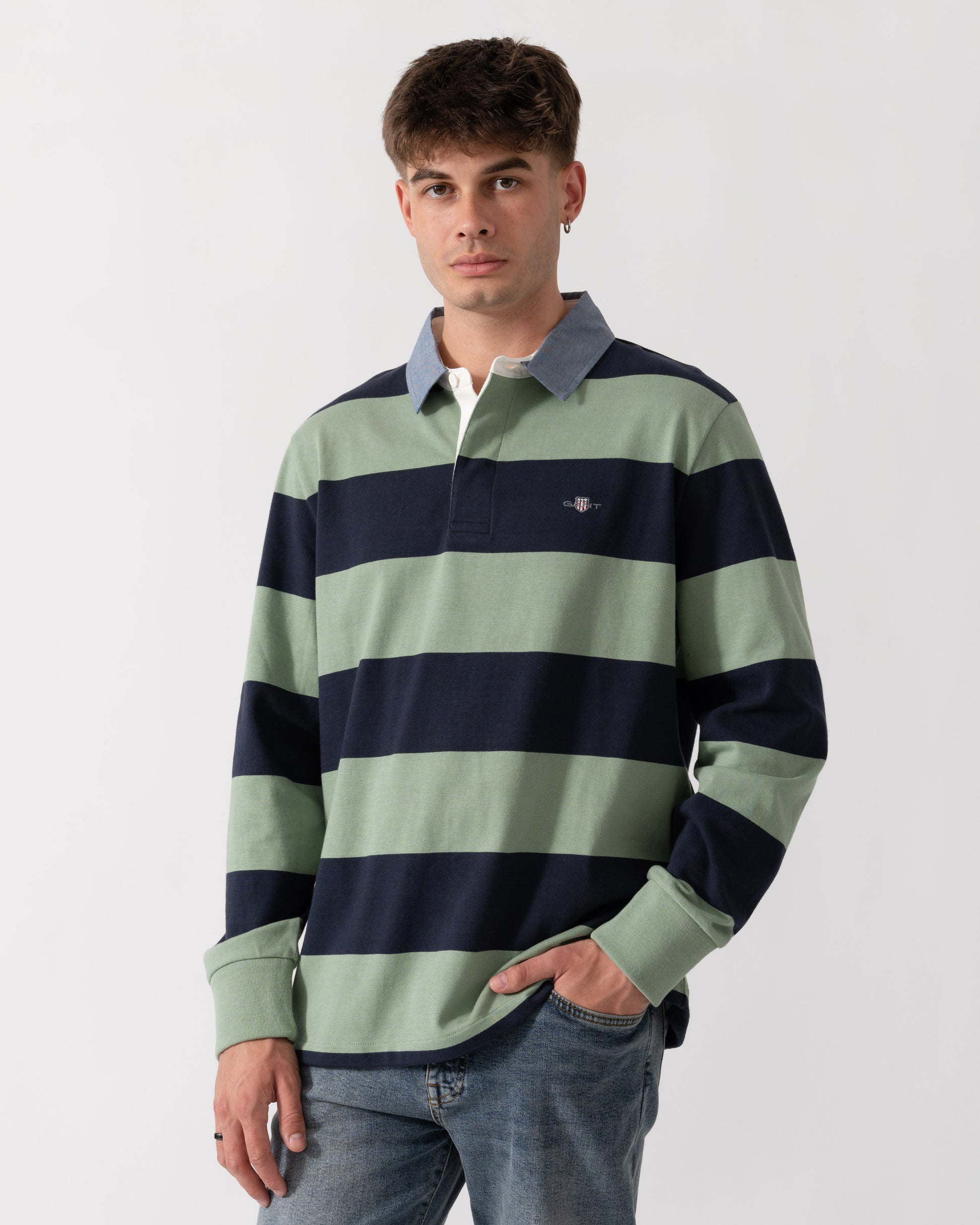 GANT Mens Regular Fit Chambray Stripe Heavy Rugger - 308 Surplus Mint front