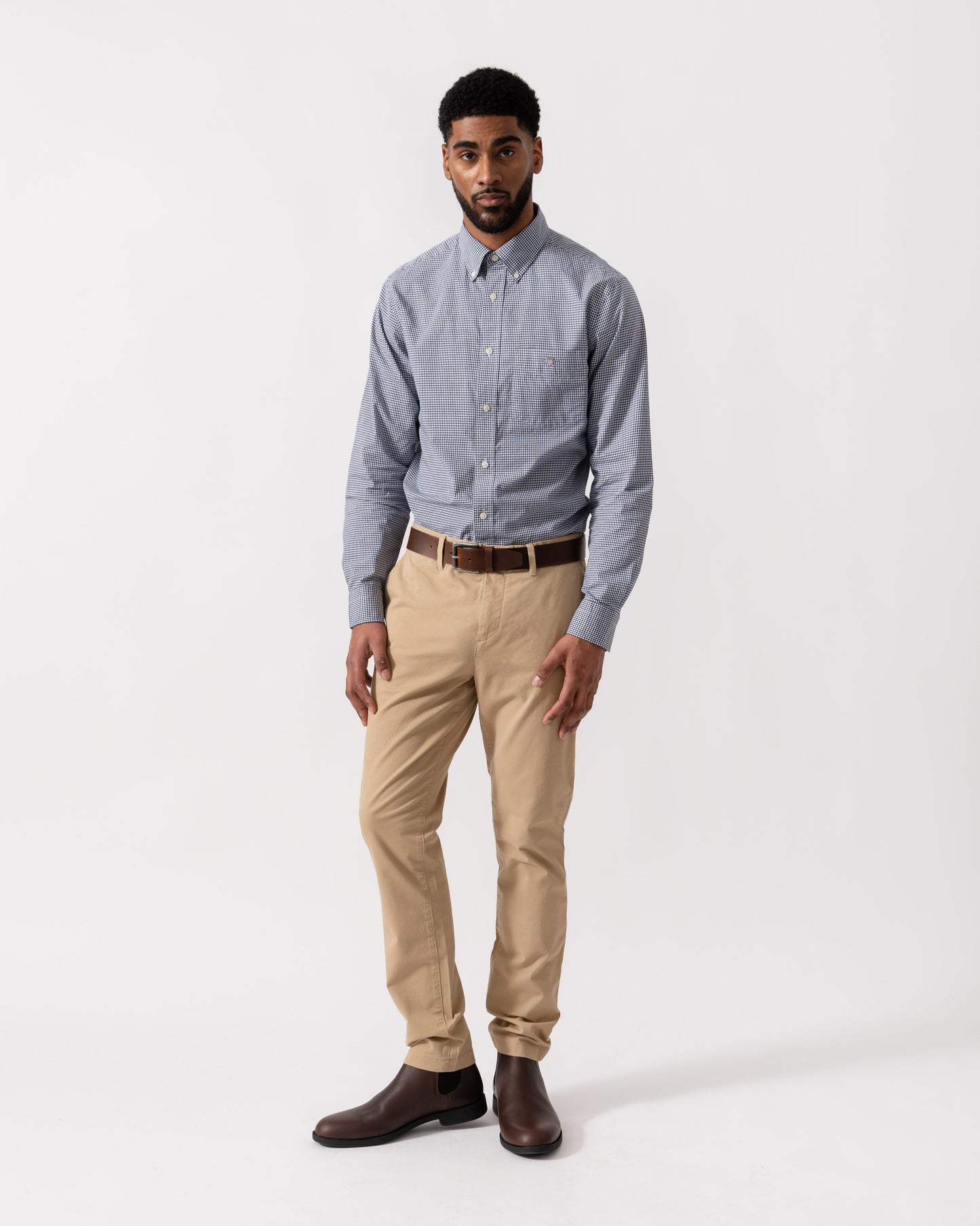 Model wearing GANT Mens Regular Fit Classic Poplin Gingham Shirt in 423 Persian Blue - Full length