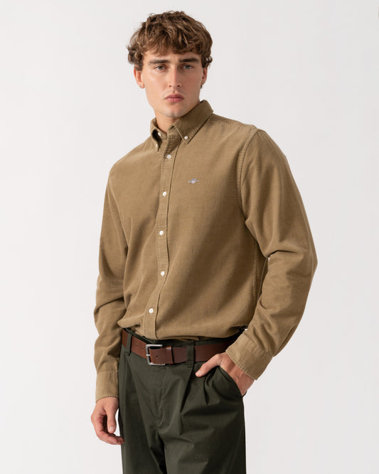 Man wearing GANT Mens Regular Fit Corduroy Shirt - 264 Light Taupe