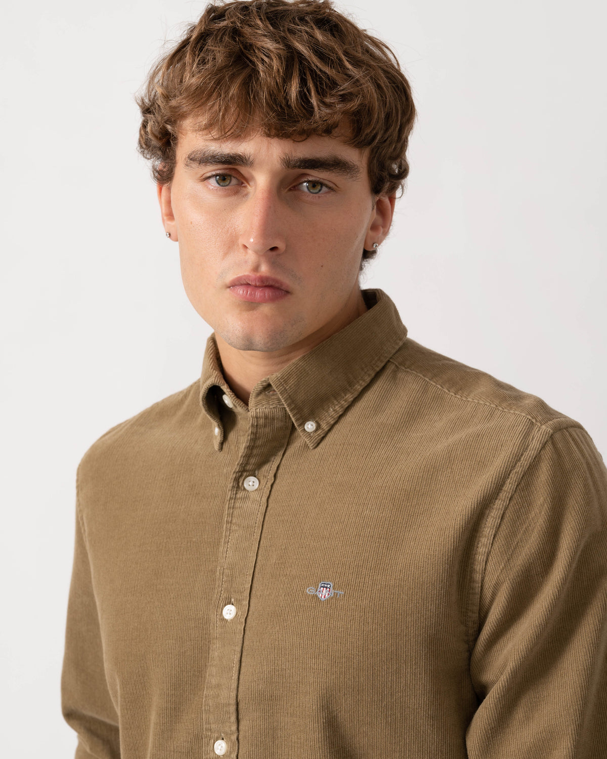 Close up of GANT Mens Regular Fit Corduroy Shirt - 264 Light Taupe