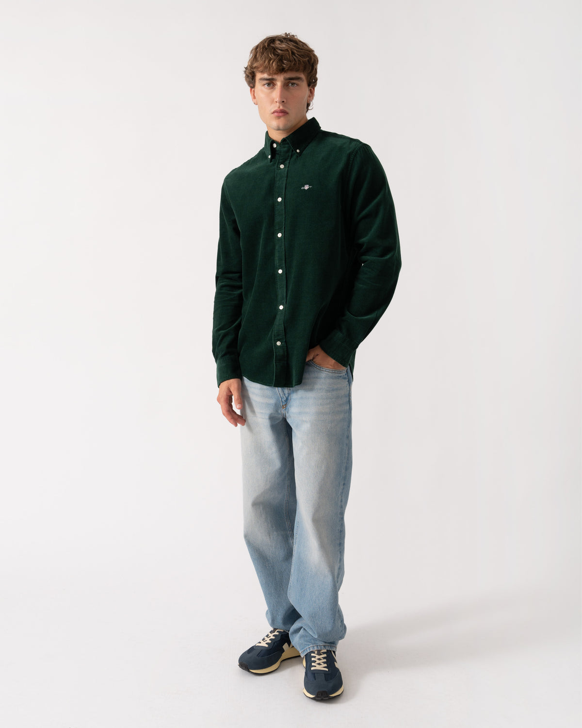 Outfit shot of GANT Mens Regular Fit Corduroy Shirt - 374 Tartan Green