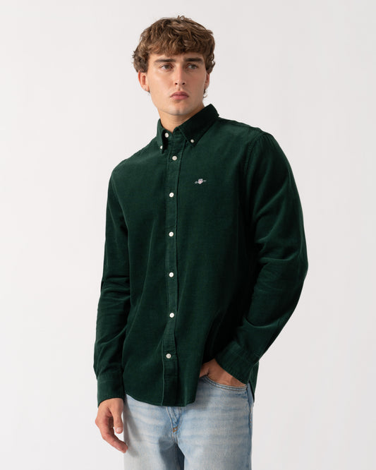 Man wearing GANT Mens Regular Fit Corduroy Shirt - 374 Tartan Green