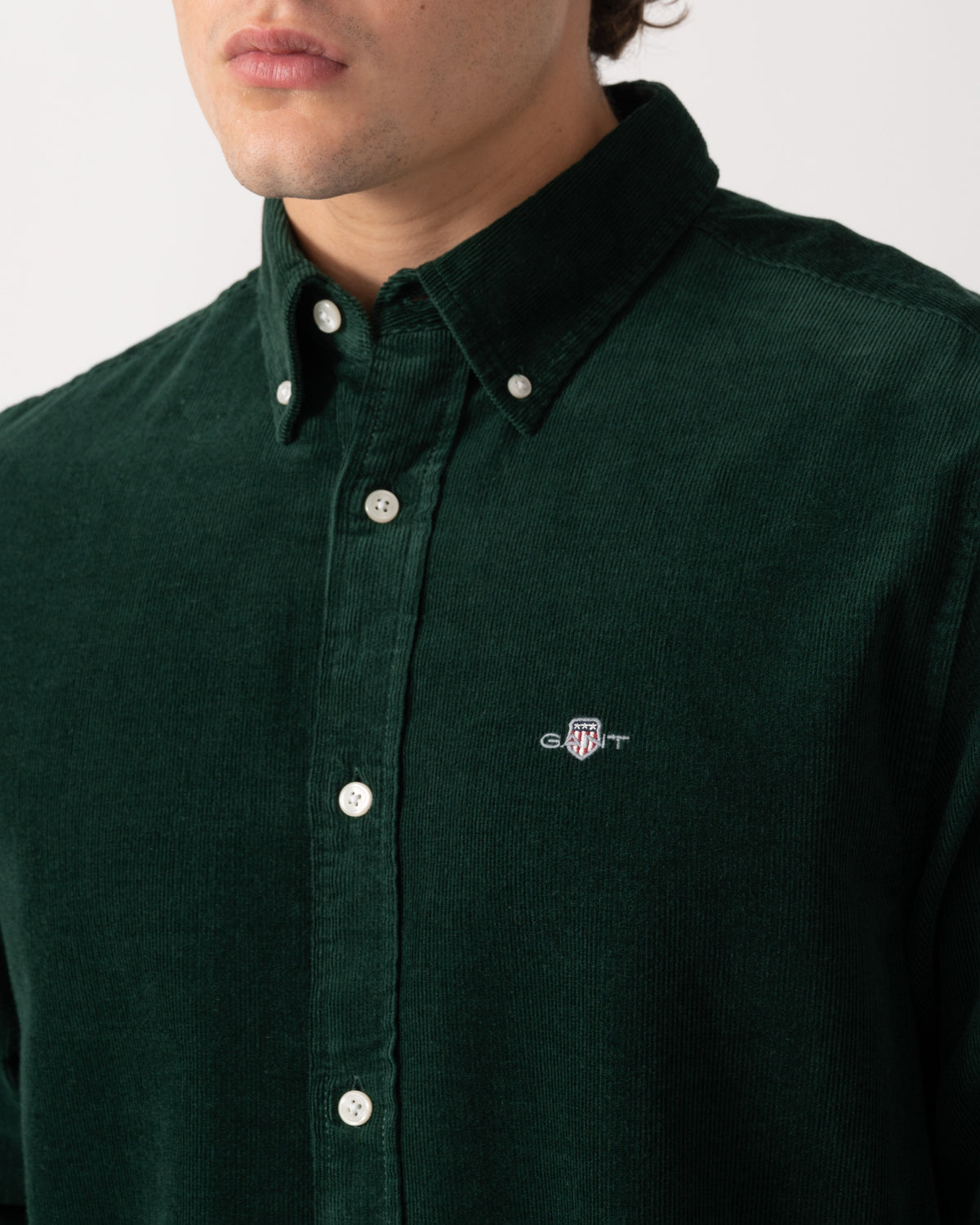 Collar detail of GANT Mens Regular Fit Corduroy Shirt - 374 Tartan Green