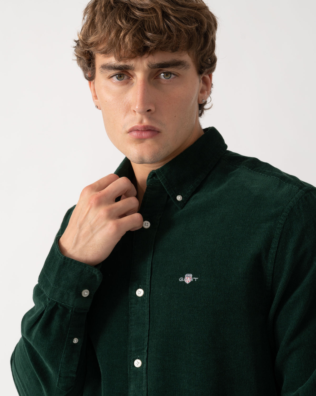 Close up of GANT Mens Regular Fit Corduroy Shirt - 374 Tartan Green
