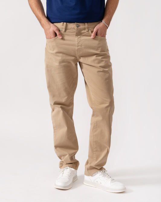 model wearing GANT Mens Regular Fit Desert Jeans - 248 Dark Khaki front