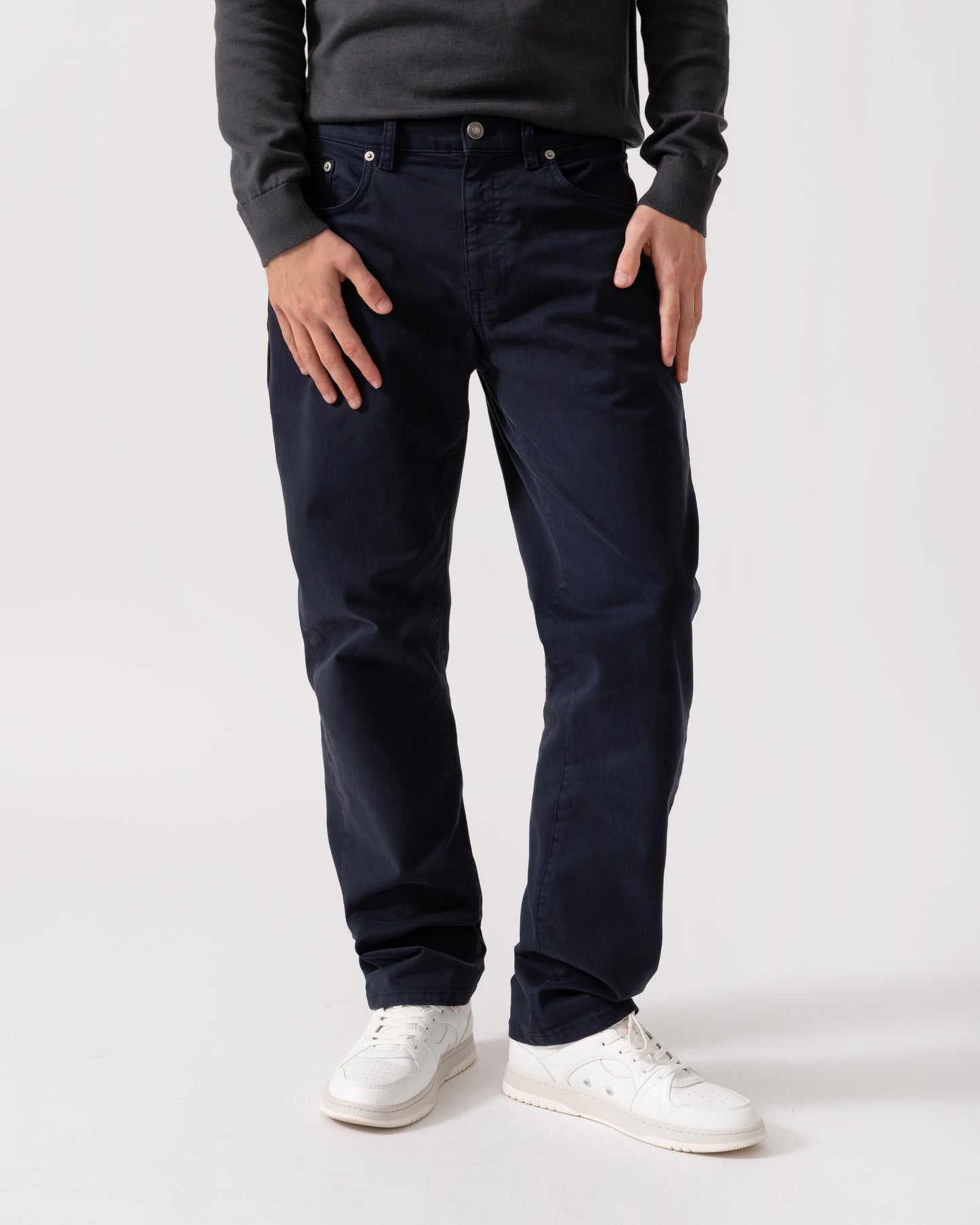 Model is wearing GANT Mens Regular Fit Desert Jeans in 433 Evening Blue - Front