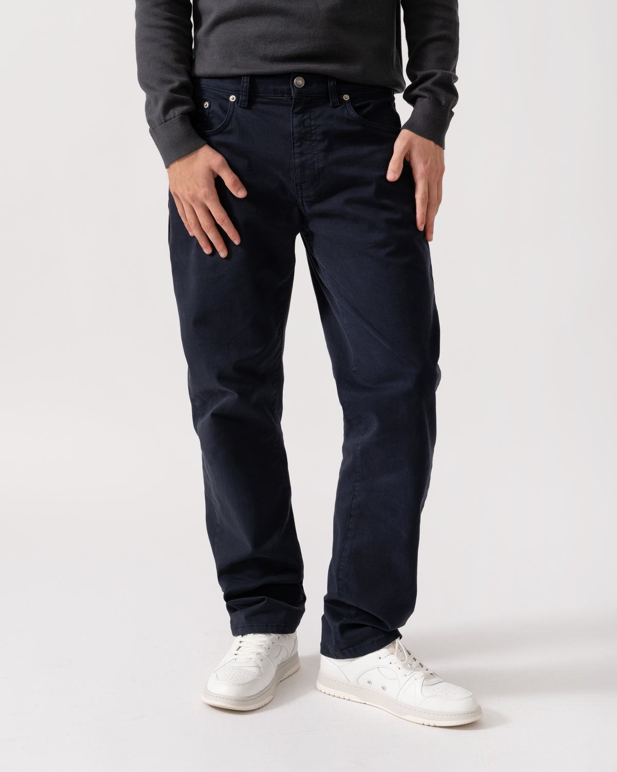 Model is wearing GANT Mens Regular Fit Desert Jeans in 433 Evening Blue - Front
