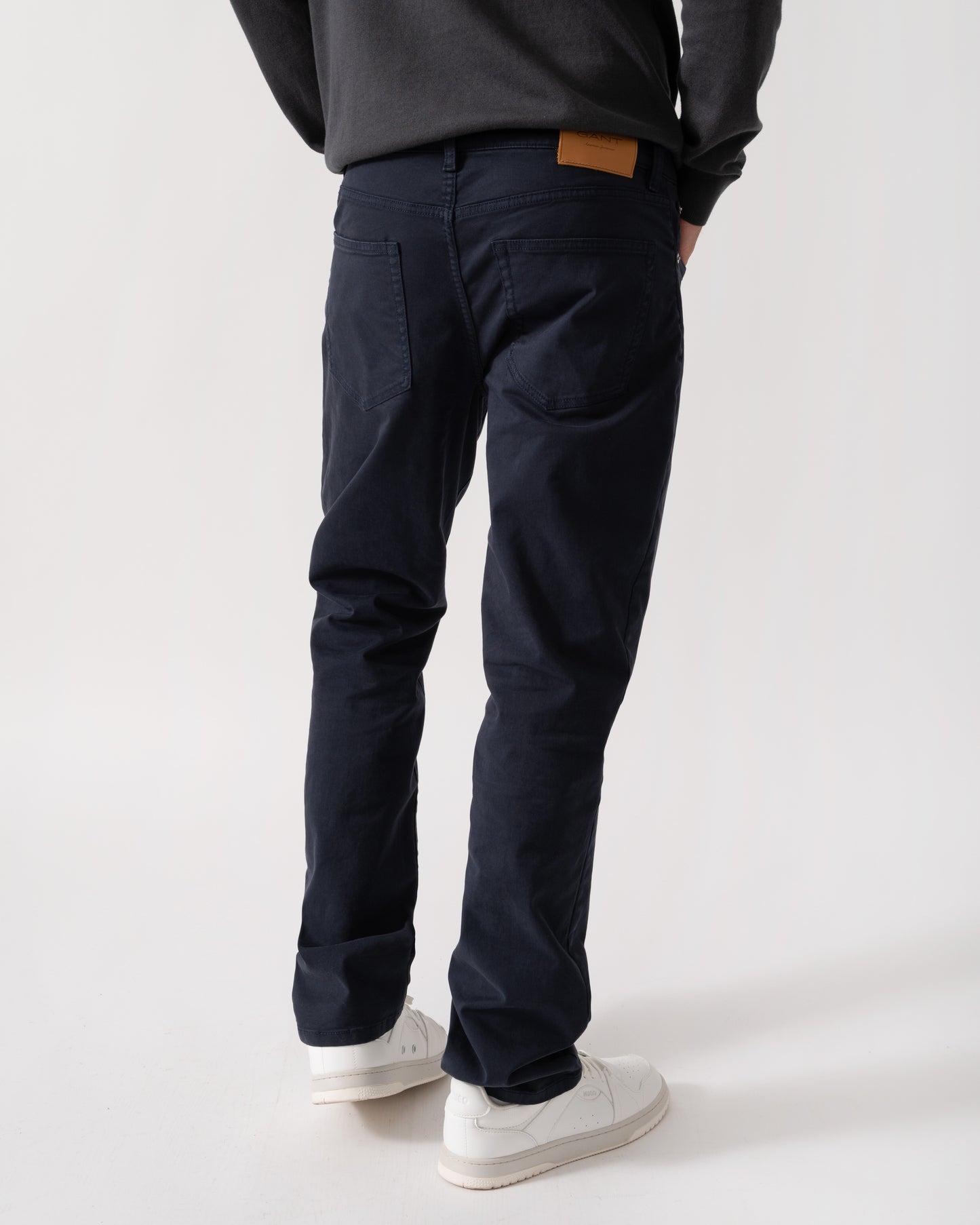 Model is wearing GANT Mens Regular Fit Desert Jeans in 433 Evening Blue - Back