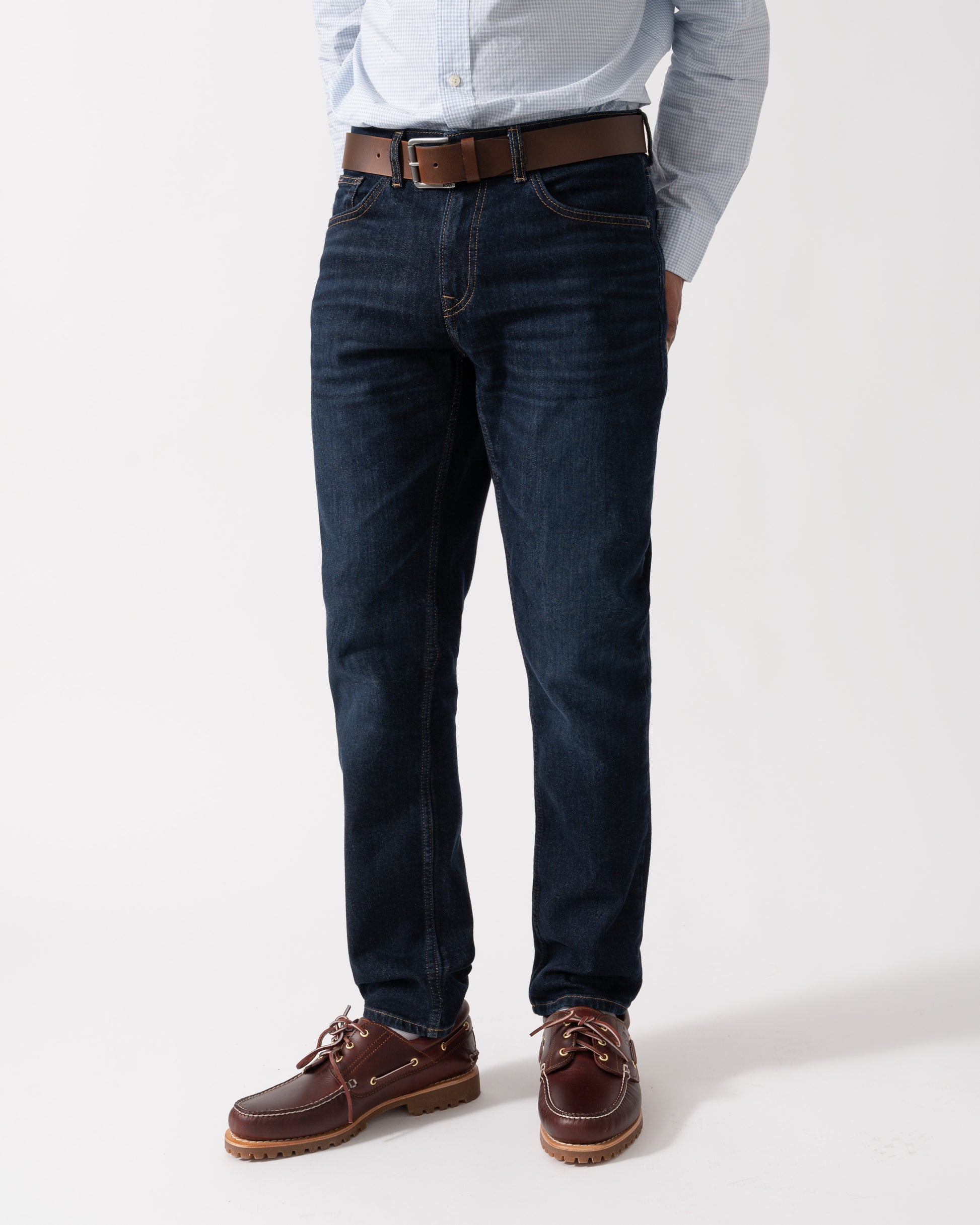 Model wearing GANT Mens Regular Fit Gant Jeans in 962 Dark Blue Broken In - Main