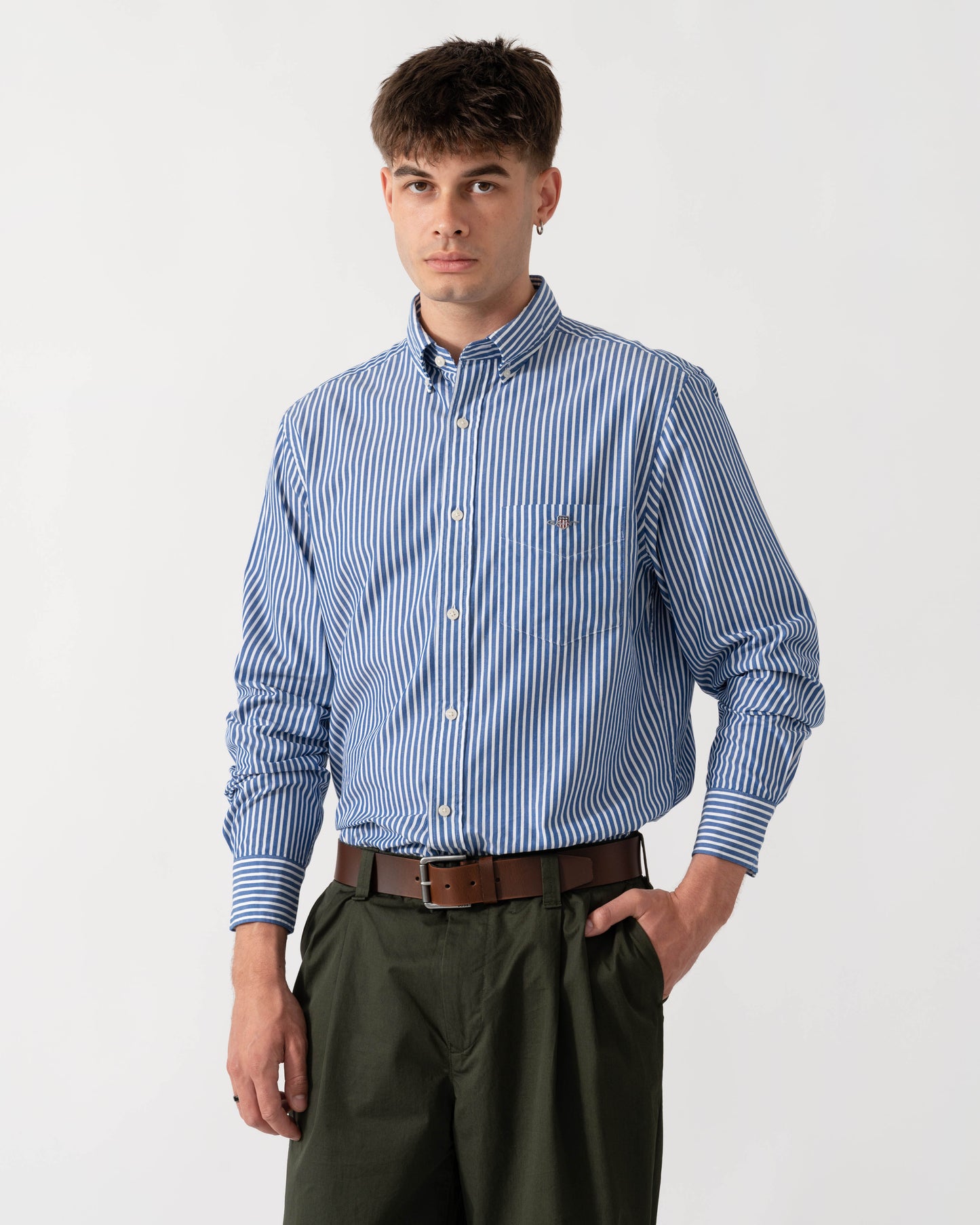 GANT Mens Regular Fit Long Sleeve Poplin Stripe Shirt in 436 College Blue front
