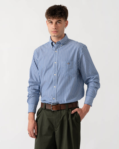 GANT Mens Regular Fit Long Sleeve Poplin Stripe Shirt in 436 College Blue front