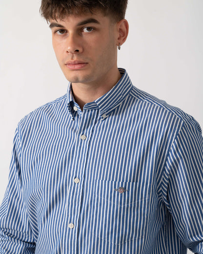 GANT Mens Regular Fit Long Sleeve Poplin Stripe Shirt in 436 College Blue detail