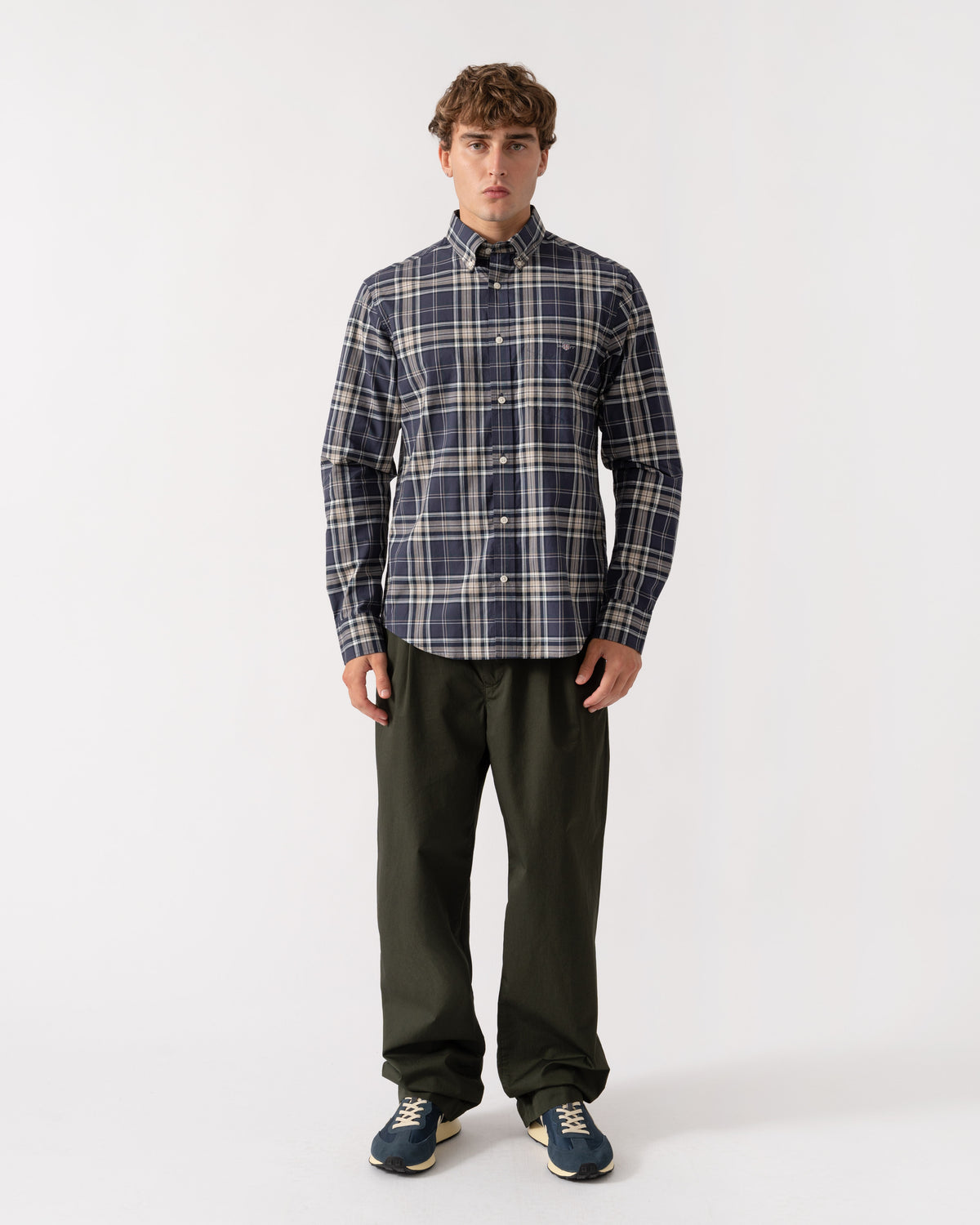 GANT Mens Regular Fit Poplin Check Shirt - 251 Mist Taupe | CHO | Designer Mens Long Sleeve Shirts