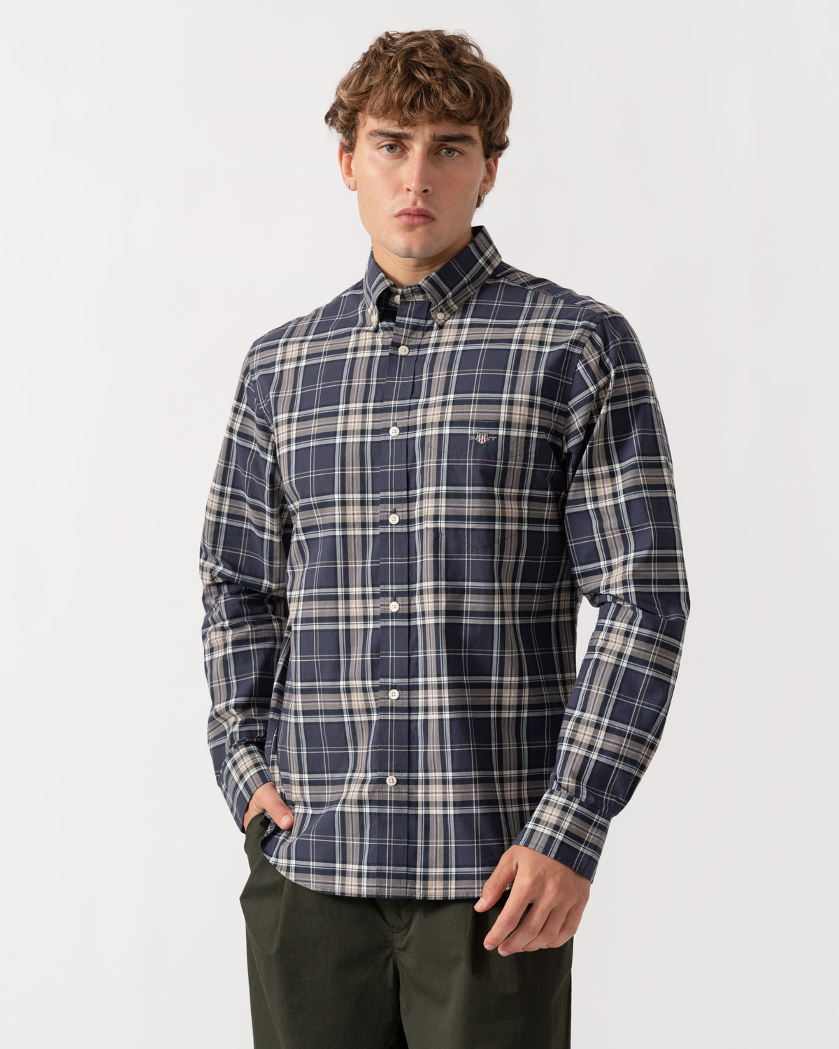 GANT Mens Regular Fit Poplin Check Shirt - 251 Mist Taupe | CHO | Designer Mens Long Sleeve Shirts