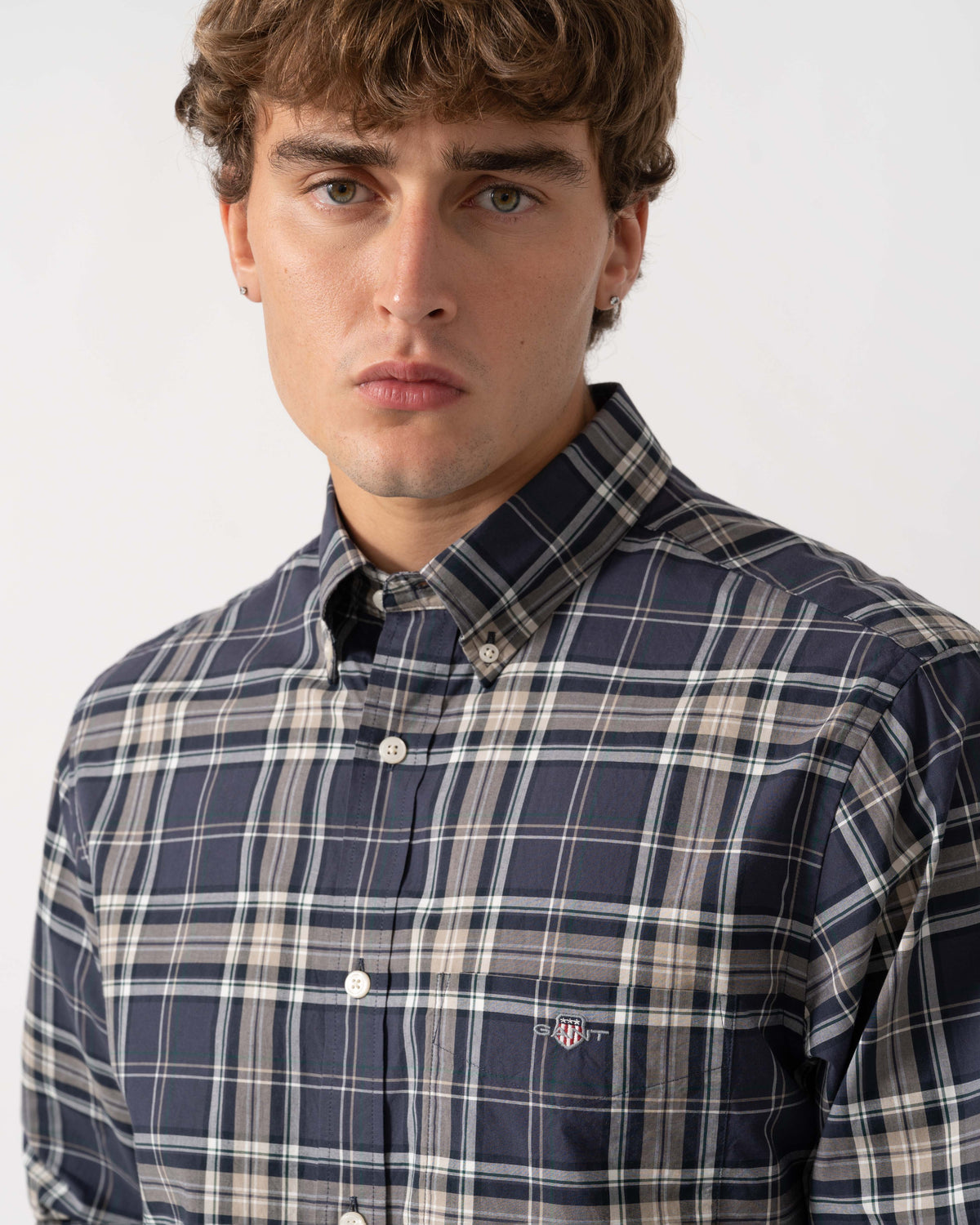 GANT Mens Regular Fit Poplin Check Shirt - 251 Mist Taupe | CHO | Designer Mens Long Sleeve Shirts