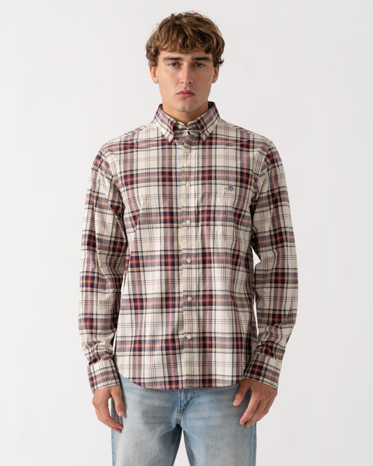 Model wearing GANT Mens Regular Fit Poplin Check Shirt - 676 Deep Grape Wine