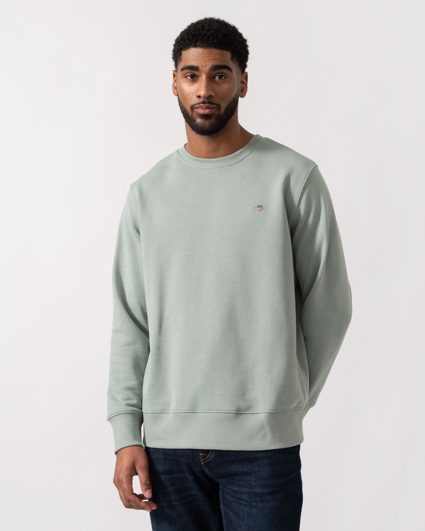 Model wearing GANT Mens Regular Fit Shield Logo Crew Neck Sweatshirt -in 10 Ceramic Grey - Main