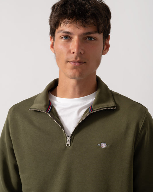 GANT Mens Regular Fit Shield Logo Half Zip Sweatshirt - 303 Moss Green