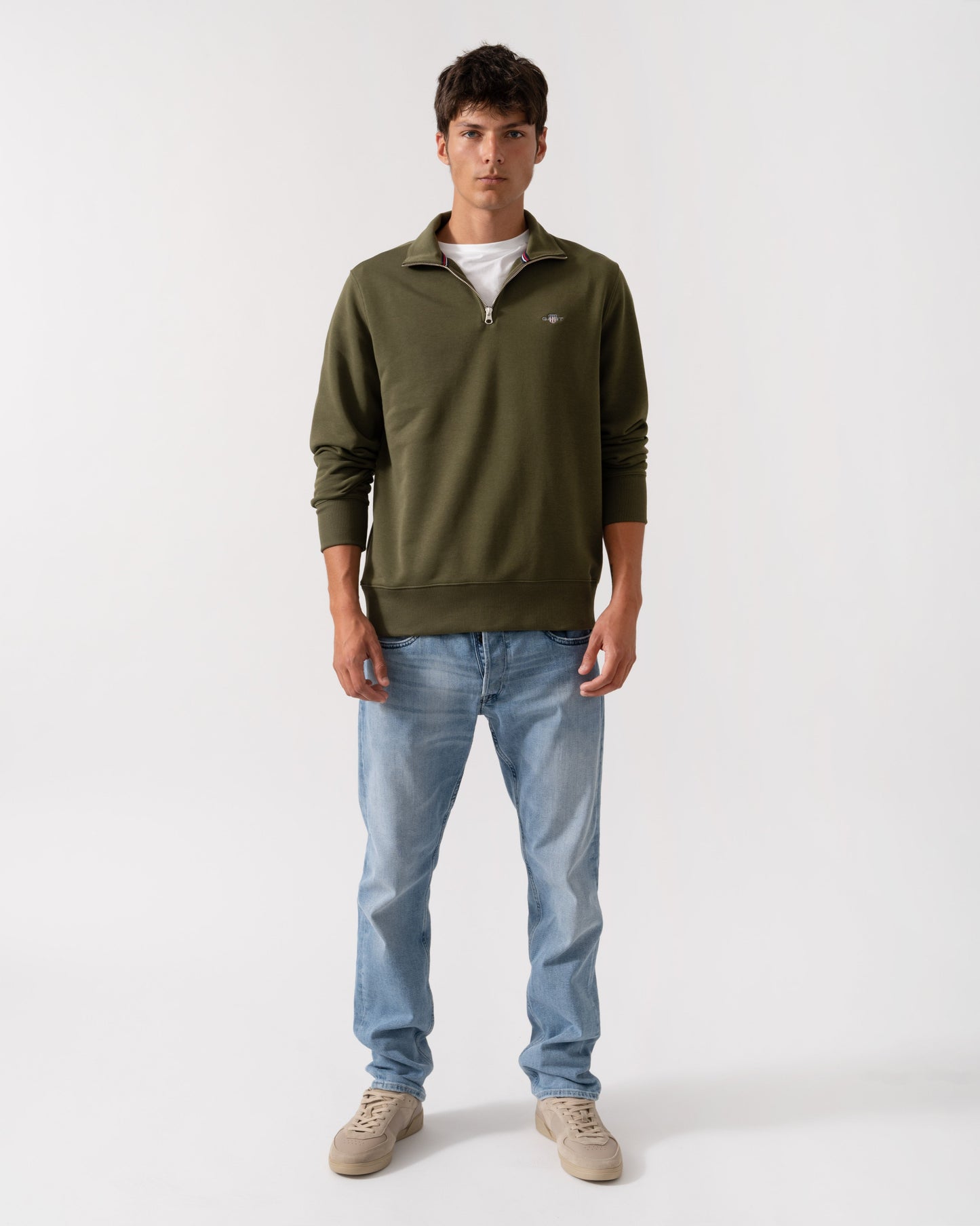 GANT Mens Regular Fit Shield Logo Half Zip Sweatshirt - 303 Moss Green