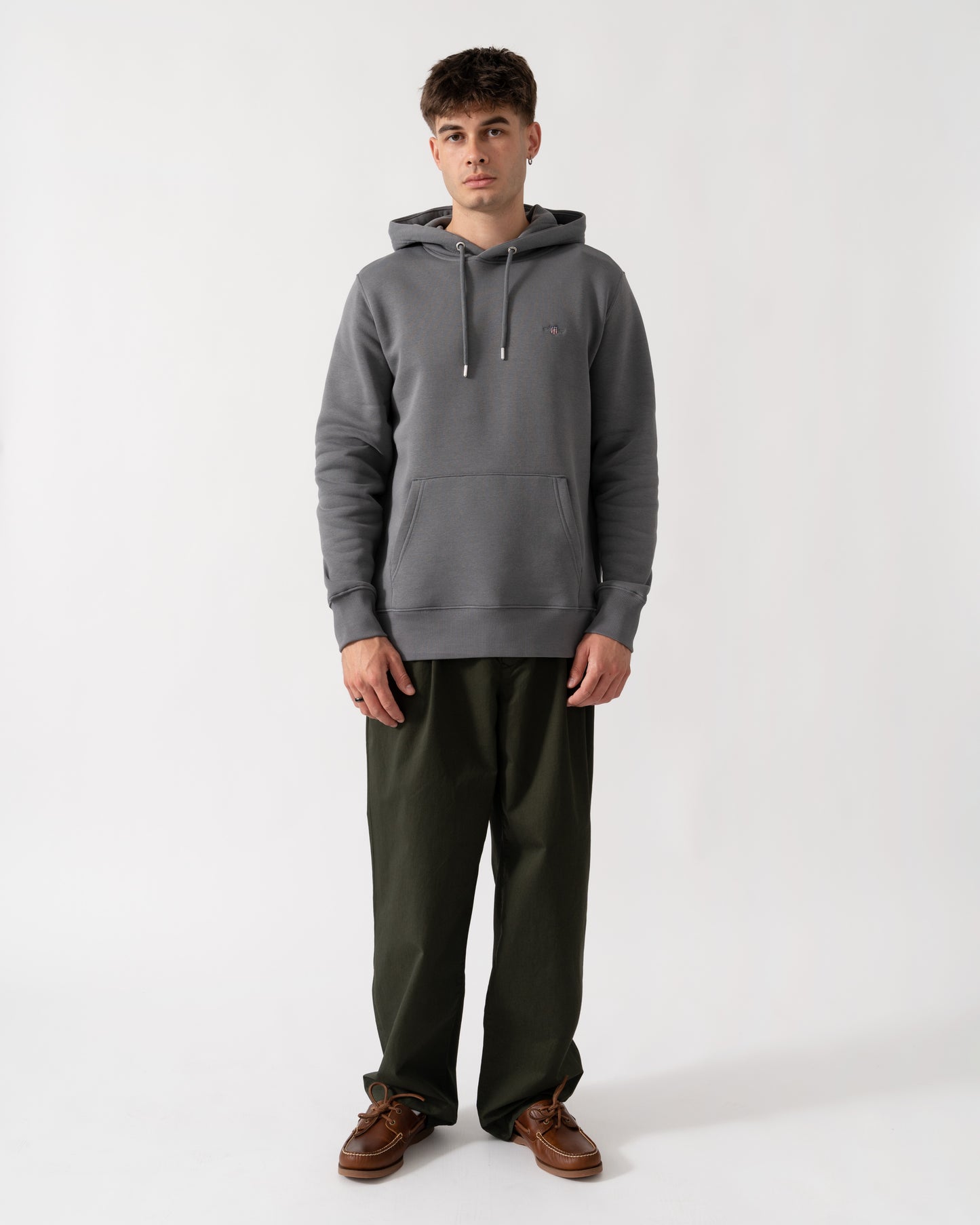 GANT Mens Regular Fit Shield Logo Pullover Hoodie - 38 Mid Grey full length
