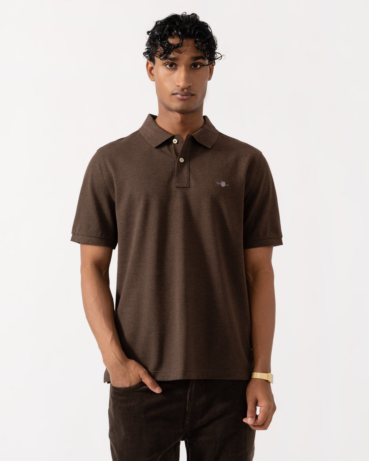 Front of the GANT Mens Regular Fit Short Sleeve Shield Logo Pique Polo - 284 Black Brown Melange