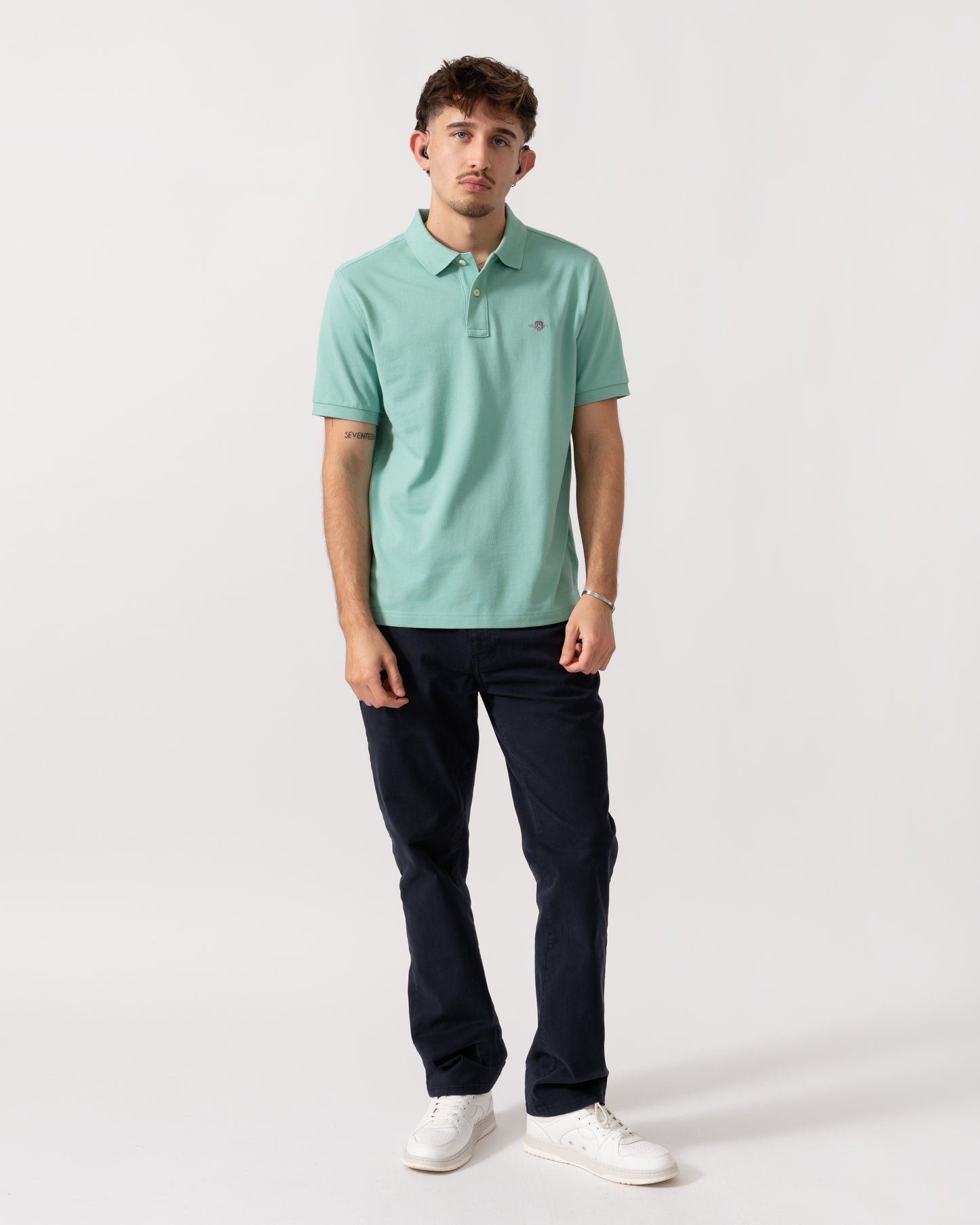 GANT Mens Regular Fit Short Sleeve Shield Logo Pique Polo - 323 Muted Turquoise full length
