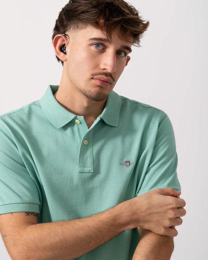 GANT Mens Regular Fit Short Sleeve Shield Logo Pique Polo - 323 Muted Turquoise detail