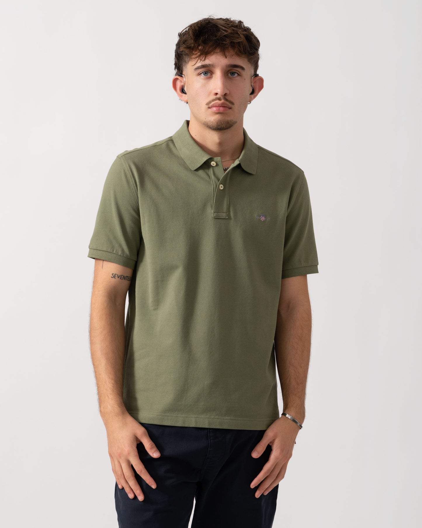 GANT Mens Regular Fit Short Sleeve Shield Logo Pique Polo - 379 Dry Herb Green main