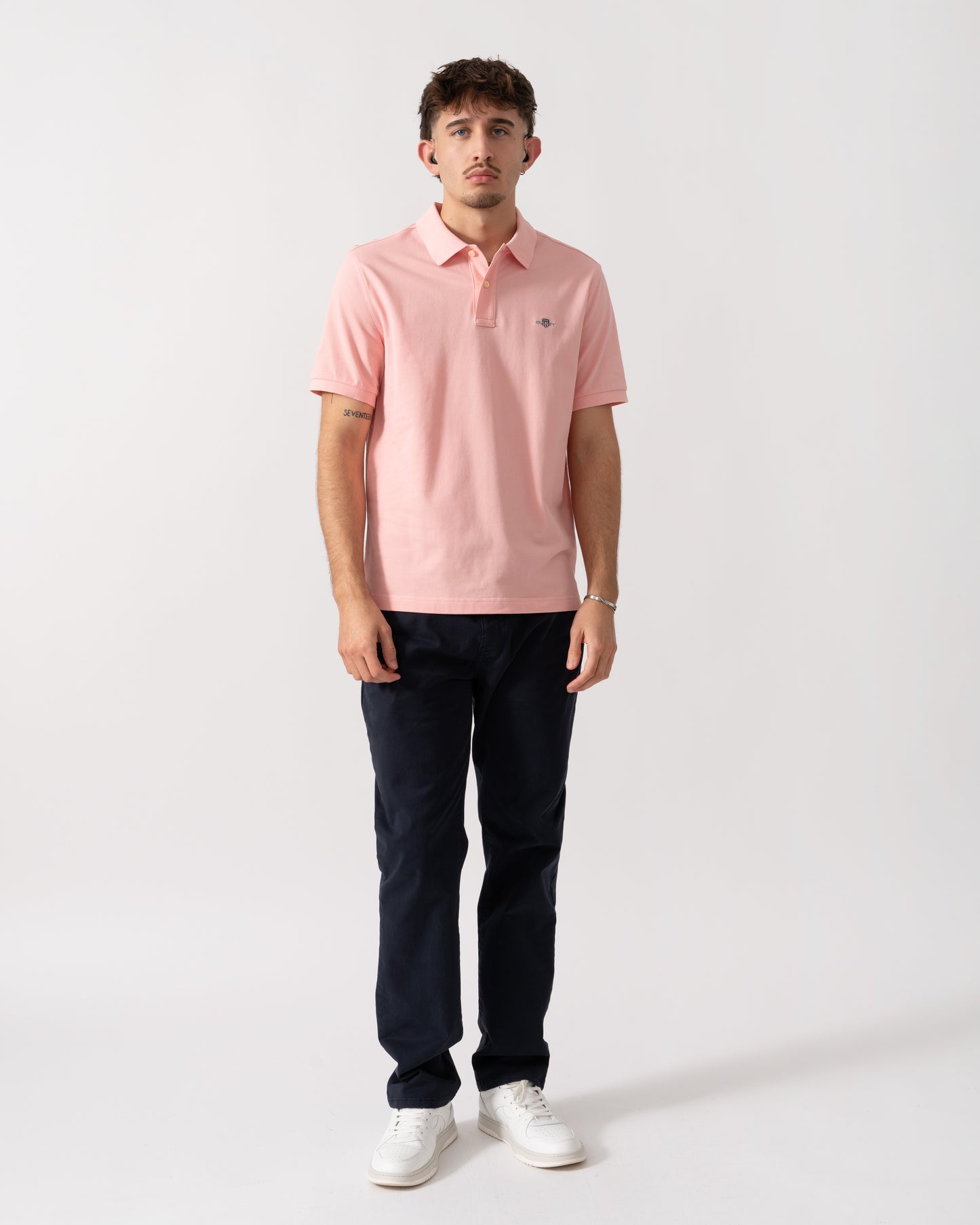 GANT Mens Regular Fit Short Sleeve Shield Logo Pique Polo - 671 Bubbelgum Pink full length