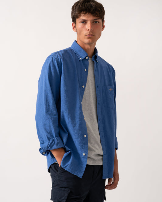 GANT Mens Regular Fit Solid Seersucker Shirt - 407 Rich Blue