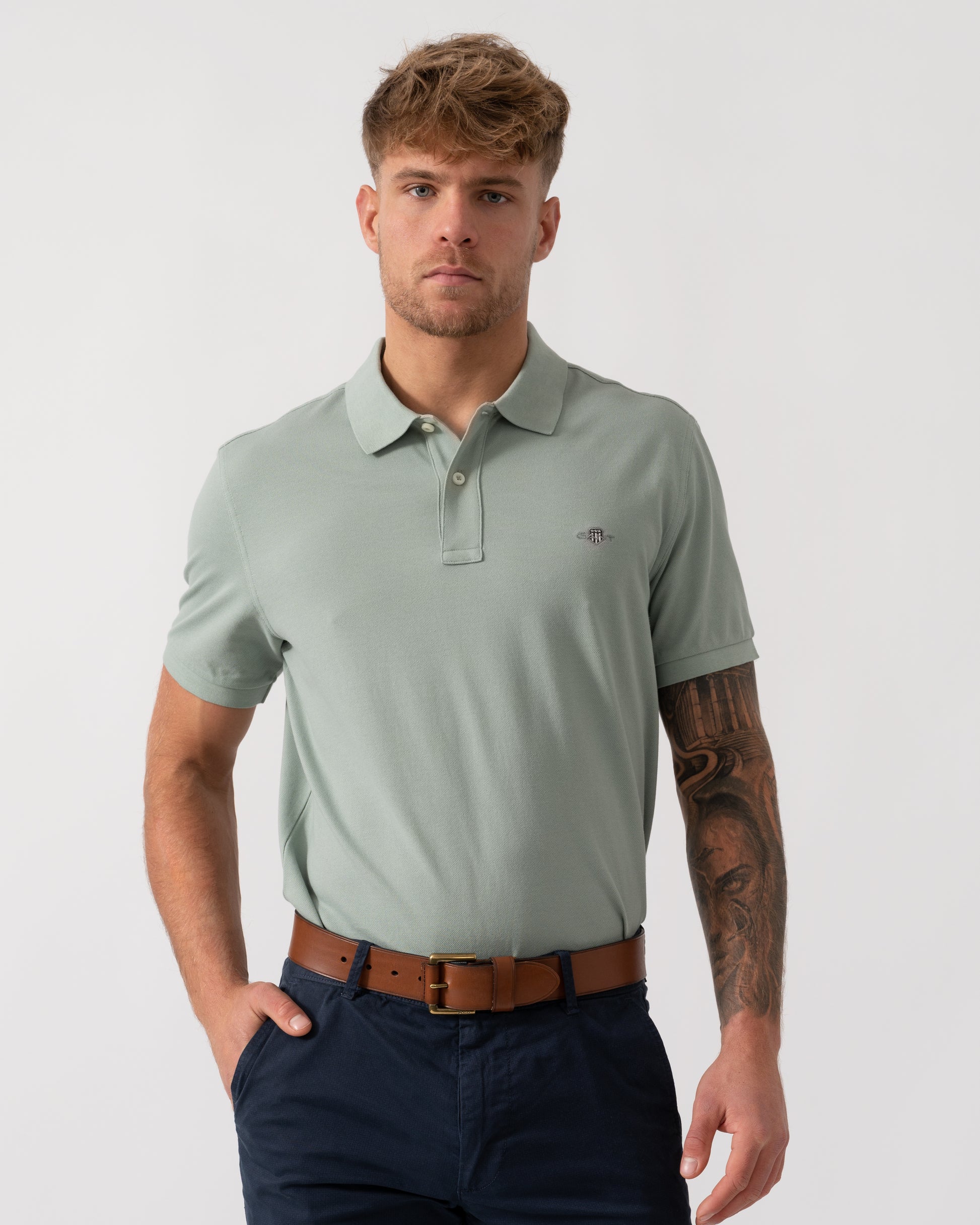 GANT Slim Fit Short Sleeve Shield Logo Pique Polo - 10 Ceramic Grey - Main