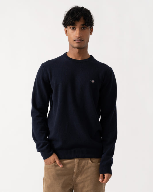 GANT Mens Superfine Lambswool Crew Neck Sweater - 410 Marine | CHO | Designer Mens Crew Neck Jumpers