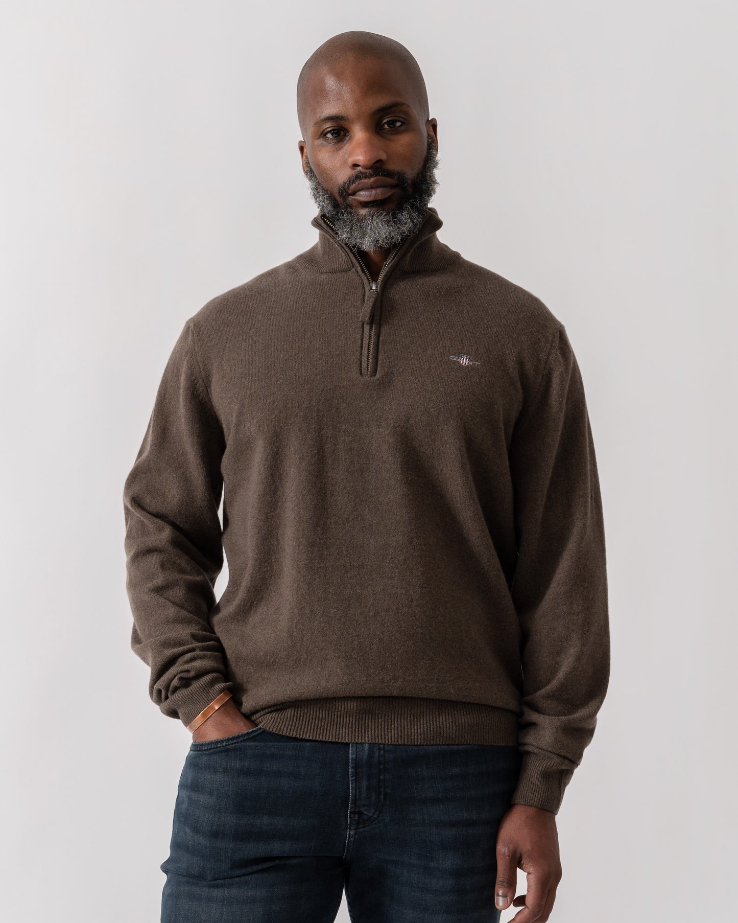 Model wearing GANT Mens Superfine Lambswool Half Zip Cardigan in 290 Seawood Melange - Main