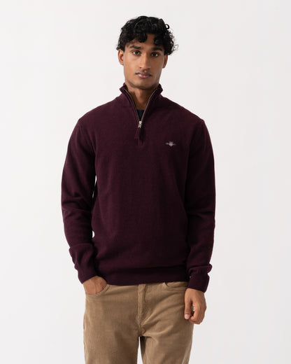 Front of the GANT Mens Superfine Lambswool Half Zip Sweater - 667 Darkened Wine