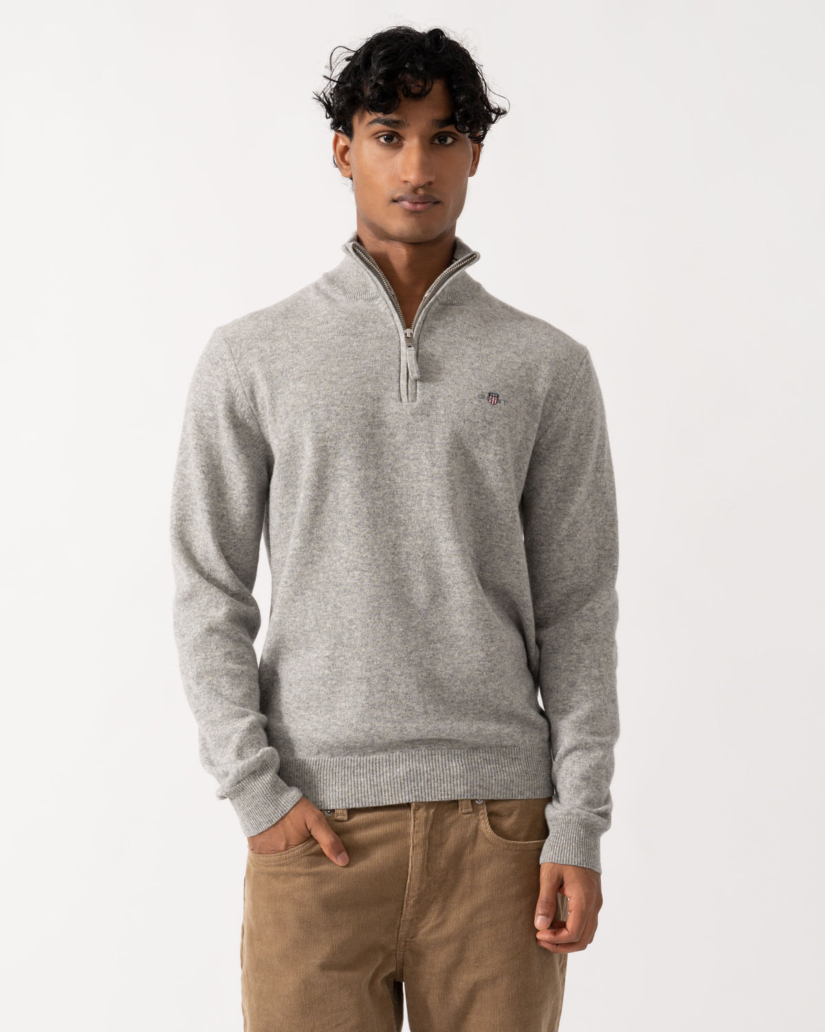Front of the GANT Mens Superfine Lambswool Half Zip Sweater - 93 Grey Melange
