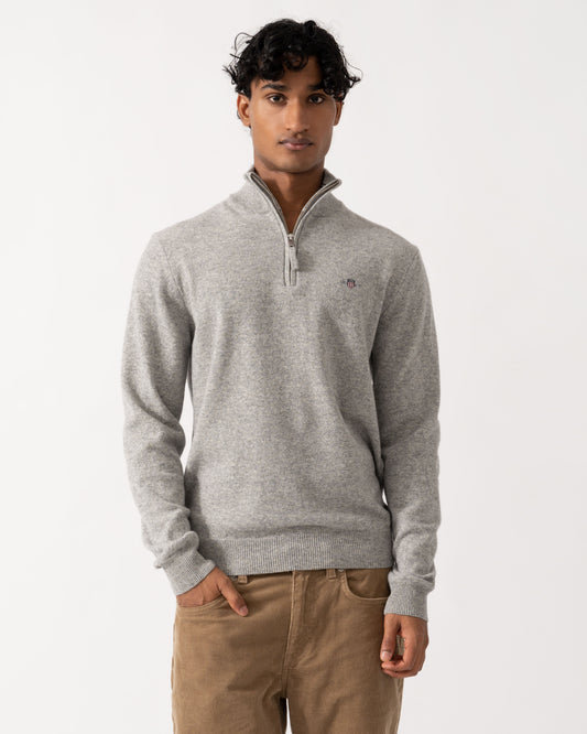 Front of the GANT Mens Superfine Lambswool Half Zip Sweater - 93 Grey Melange