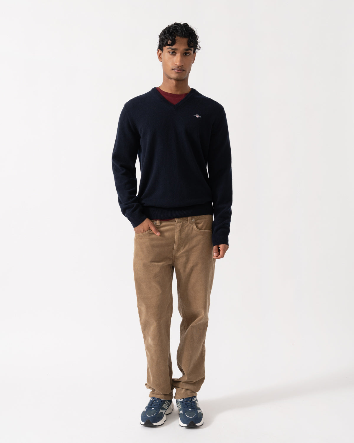 Full length of the GANT Mens Superfine Lambswool V-Neck Sweater - 410 Marine