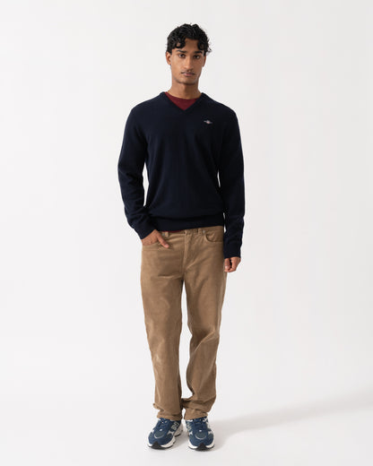 Full length of the GANT Mens Superfine Lambswool V-Neck Sweater - 410 Marine