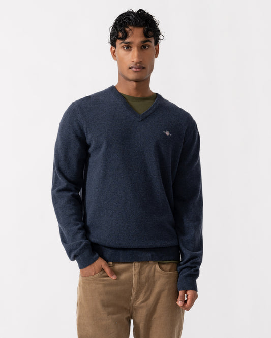 Front of the GANT Mens Superfine Lambswool V-Neck Sweater - 480 Dark Navy Melange